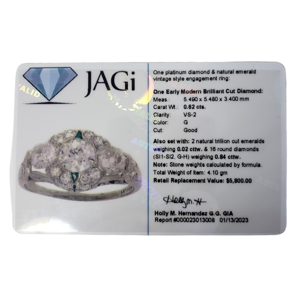 Vintage Platinum Diamond and Emerald Engagement Ring Size 7 JAGi Cert #16967 - Picture 9 of 9